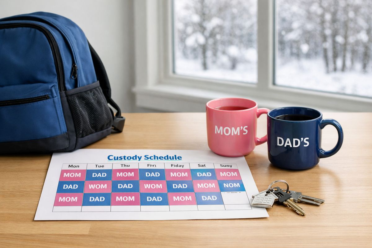 A kitchen table covered with a child custody calendar, a school backpack, a set of house keys, and two mugs with one parent’s side marked by a planner showing alternating weekdays and weekends, with a snowy window in the background.