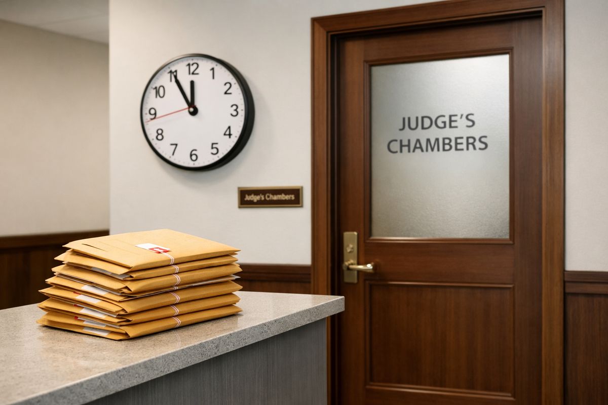 A courthouse hallway with a judge’s chamber door, a stack of sealed court envelopes on a clerk’s counter, and a wall clock suggesting urgent same-day processing
