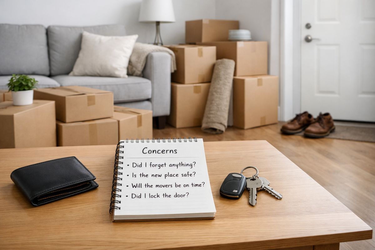 A half-packed living room with closed moving boxes, a notepad on the coffee table listing concerns, a wallet, house keys, and a pair of shoes still by the door, showing a deliberate pause before leaving