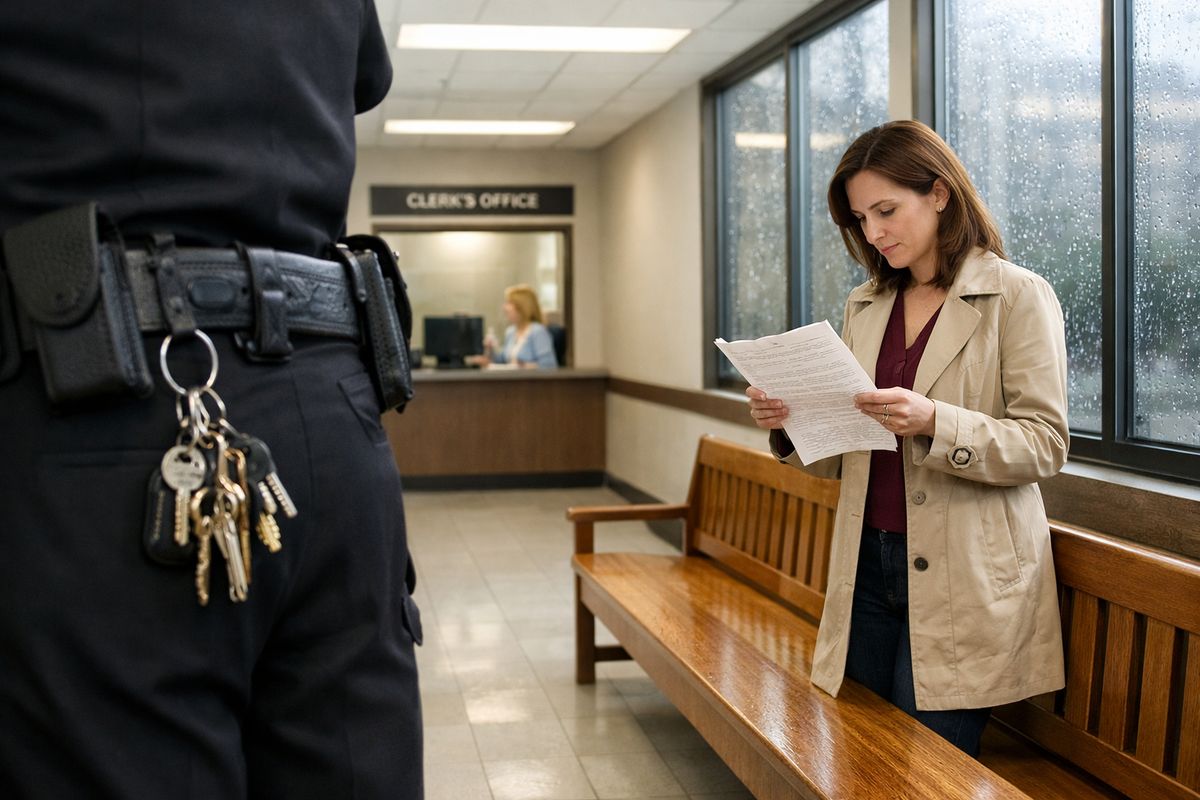 A fluorescent-lit courthouse hallway with a wooden bench, a deputy’s keys hanging from a belt, rain-speckled windows, and a woman standing by the bench reading a wrinkled legal petition while another clerk window sits across the hall