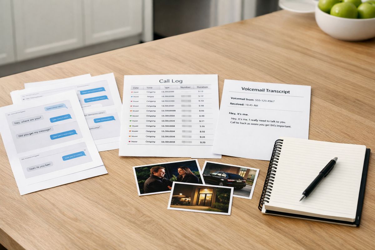 A kitchen table covered with printed text message screenshots, a call log page, a voicemail transcript on paper, and a few color photos spread beside a notebook, showing a simple collection of evidence being assembled