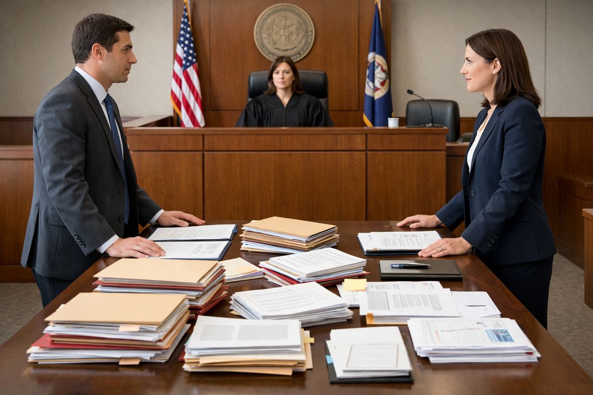 A family court courtroom with a judge seated on the bench, a witness stand, and stacks of folders and paper exhibits laid out on the table as two attorneys stand on opposite sides preparing to present disputed divorce issues.