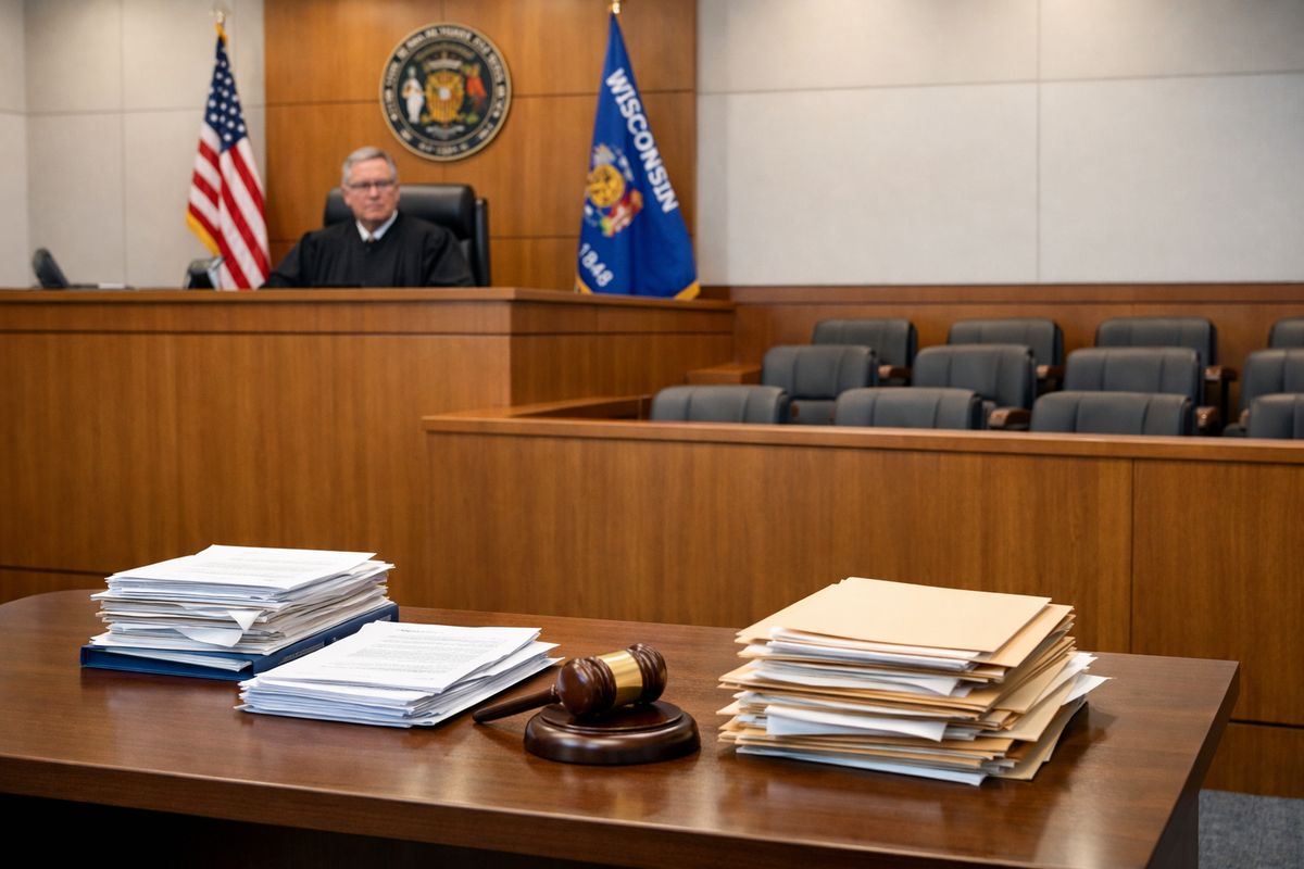 A Wisconsin courthouse interior with a judge seated high on the bench in a family courtroom, facing an empty jury box and a table covered with stacks of legal papers, folders, and a gavel