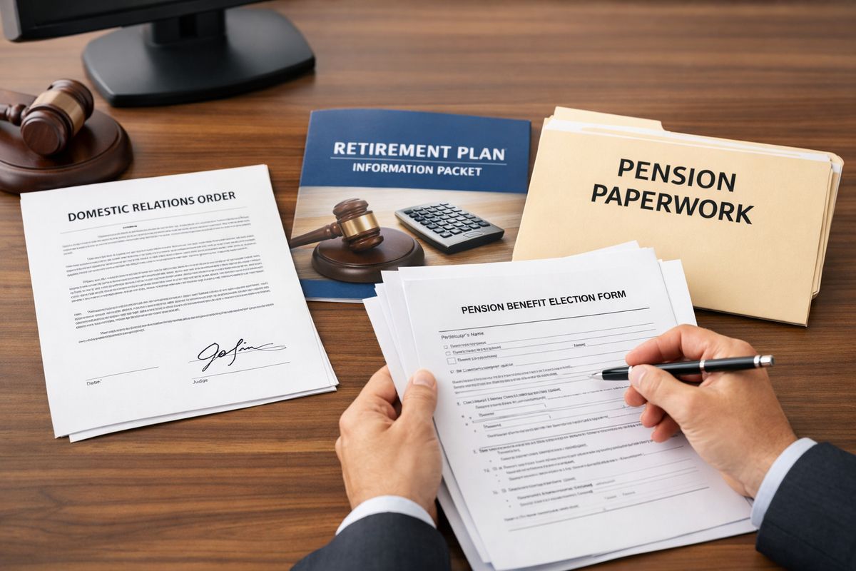 A court clerk’s desk with a signed domestic relations order beside a retirement plan packet, a manila folder marked for pension paperwork, and a stack of form pages being reviewed with a pen, showing the paperwork needed to direct pension payments after divorce.
