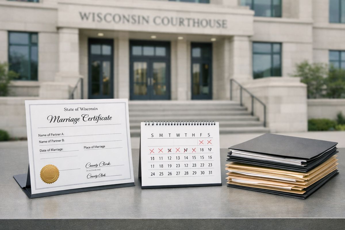 A Wisconsin courthouse exterior with a marriage certificate, a simple calendar, and two stacks of legal folders on a table, suggesting a marriage ending through a legal process rather than a blame dispute