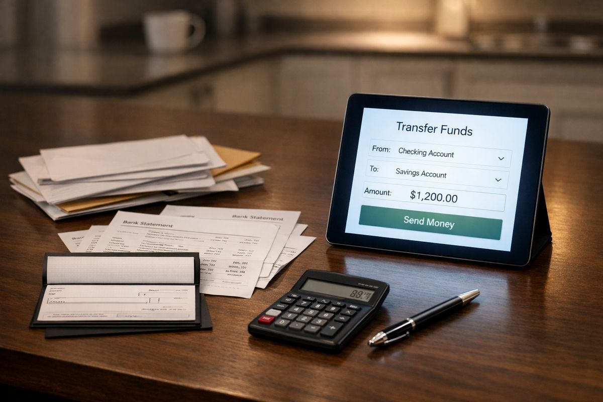 A late-night kitchen table with bank statements spread beside a glowing tablet showing a transfer screen, an open checkbook, and envelopes of financial paperwork, with a calculator and pen resting nearby.