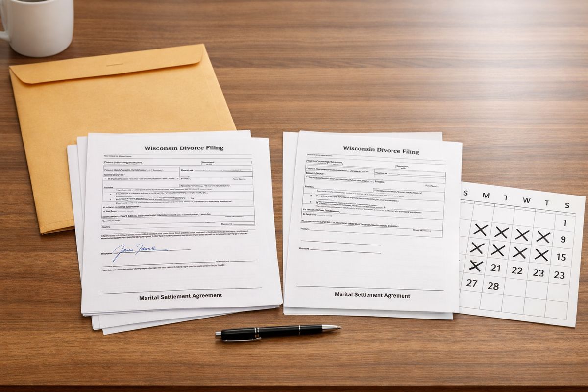 A Wisconsin divorce filing packet spread out on a kitchen table beside a manila envelope, with one signed copy and one unsigned copy of the same court papers, and a calendar page marked with several crossed-off dates
