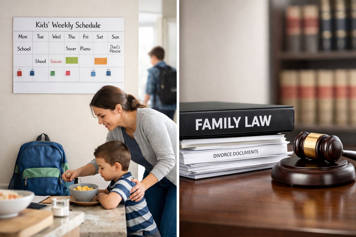 A split visual scene showing a child’s weekly calendar on a kitchen wall beside a family law stack of papers, with one side depicting school drop-off, a backpack by the door, and a parent helping with breakfast, and the other side showing a formal legal binder and a gavel on a desk to contrast day-to-day parenting time with court decision-making.
