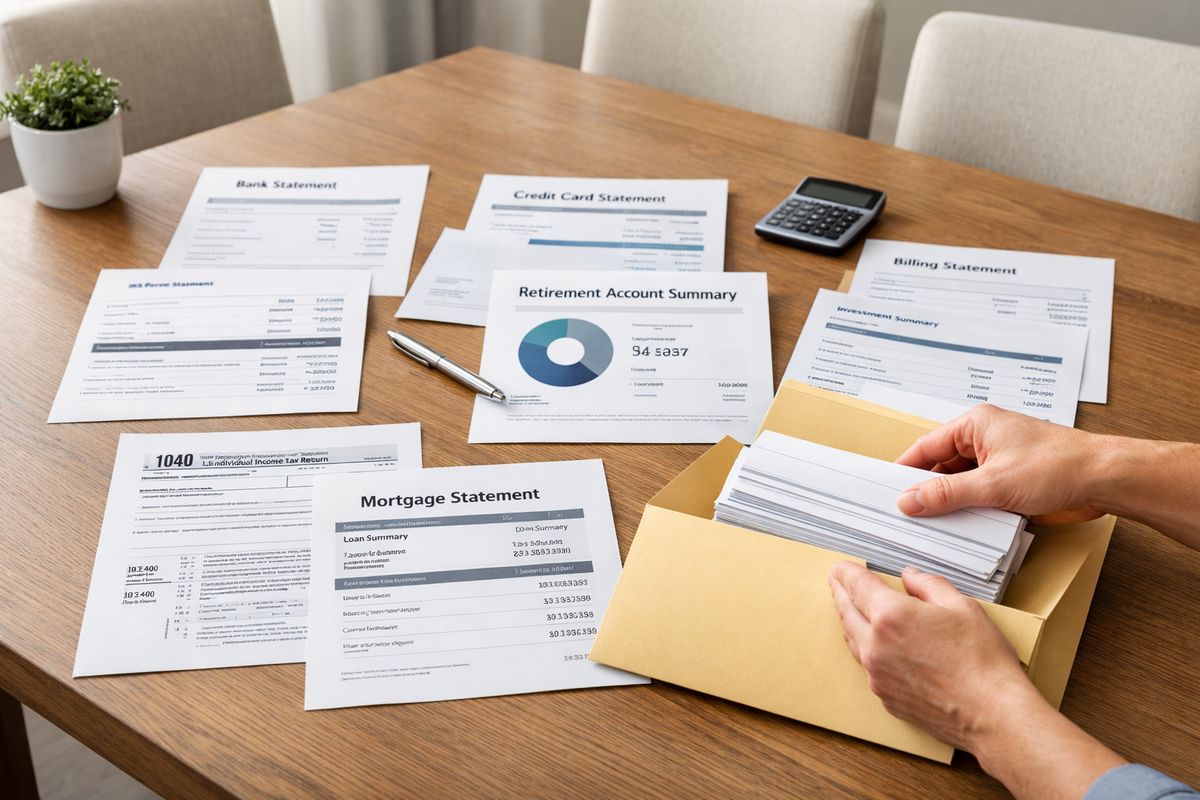 A dining table covered with organized financial papers, including bank statements, credit card statements, retirement account summaries, tax forms, a mortgage statement, and a manila folder being filled with neatly stacked records