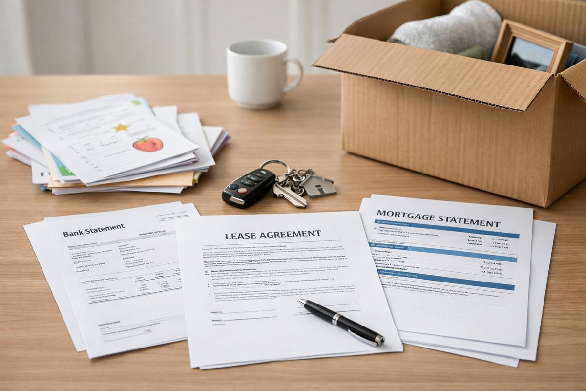 A kitchen table covered with a lease agreement, bank statements, a mortgage statement, a stack of children’s school papers, and a set of car and house keys beside a half-packed moving box, showing the immediate housing, custody, and financial impact of separation.