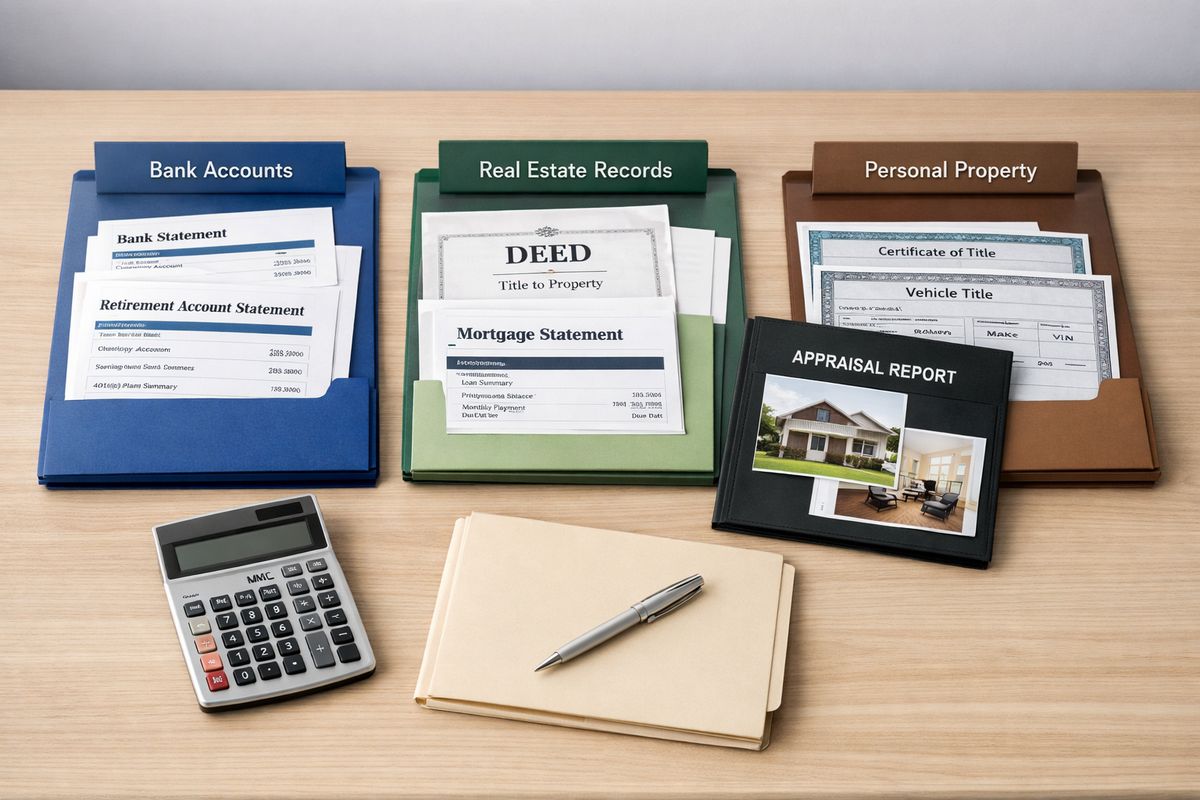 A tidy spread of financial property records on a table, including bank and retirement account statements, a house deed, a mortgage statement, vehicle titles, and an appraisal photo folder, with a calculator and a folder organized into separate stacks for bank, real estate, and personal property documents