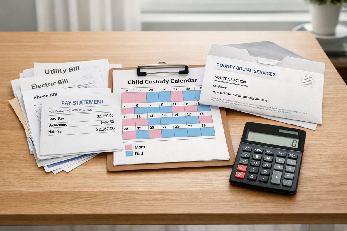 A kitchen table with a stack of utility bills, a recent pay stub, a child custody calendar, and a calculator next to an opened envelope from a county agency, showing a family’s changing finances and parenting schedule.