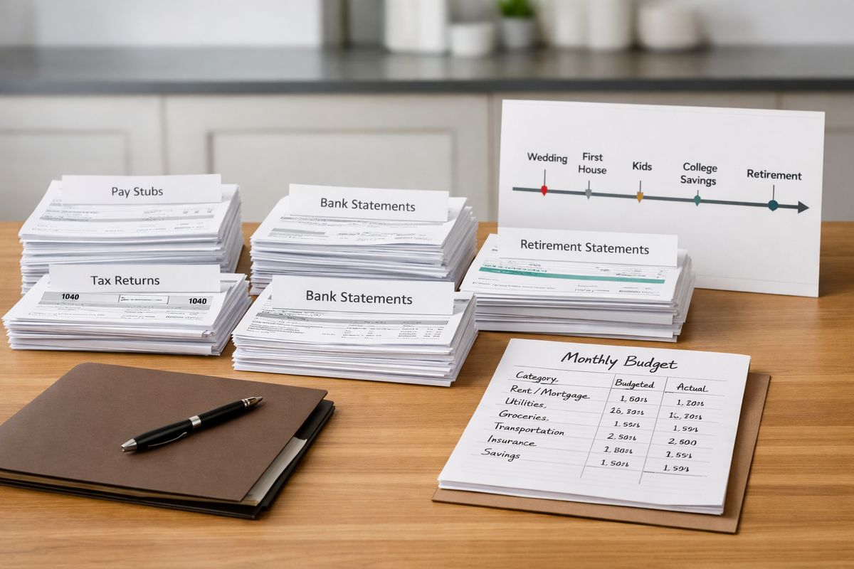 A kitchen table covered with neatly stacked pay stubs, recent tax returns, bank statements, retirement account statements, and a handwritten monthly budget beside a folder and a calendar timeline marked with major life events