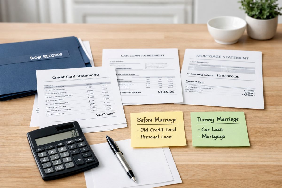 A kitchen table covered with organized financial papers, including credit card statements, a car loan contract, a mortgage statement, and a folder of bank records, with a calculator and pen beside them as if someone is sorting which debts were incurred during the marriage and which came before it.