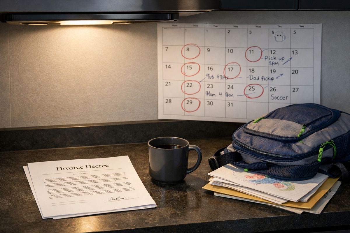 A dim kitchen counter with a divorce decree laid open beside a cold coffee mug, a wall calendar covered in circled dates and hand-drawn pickup changes, and a child’s backpack and school papers stacked nearby under the glow of a stove light