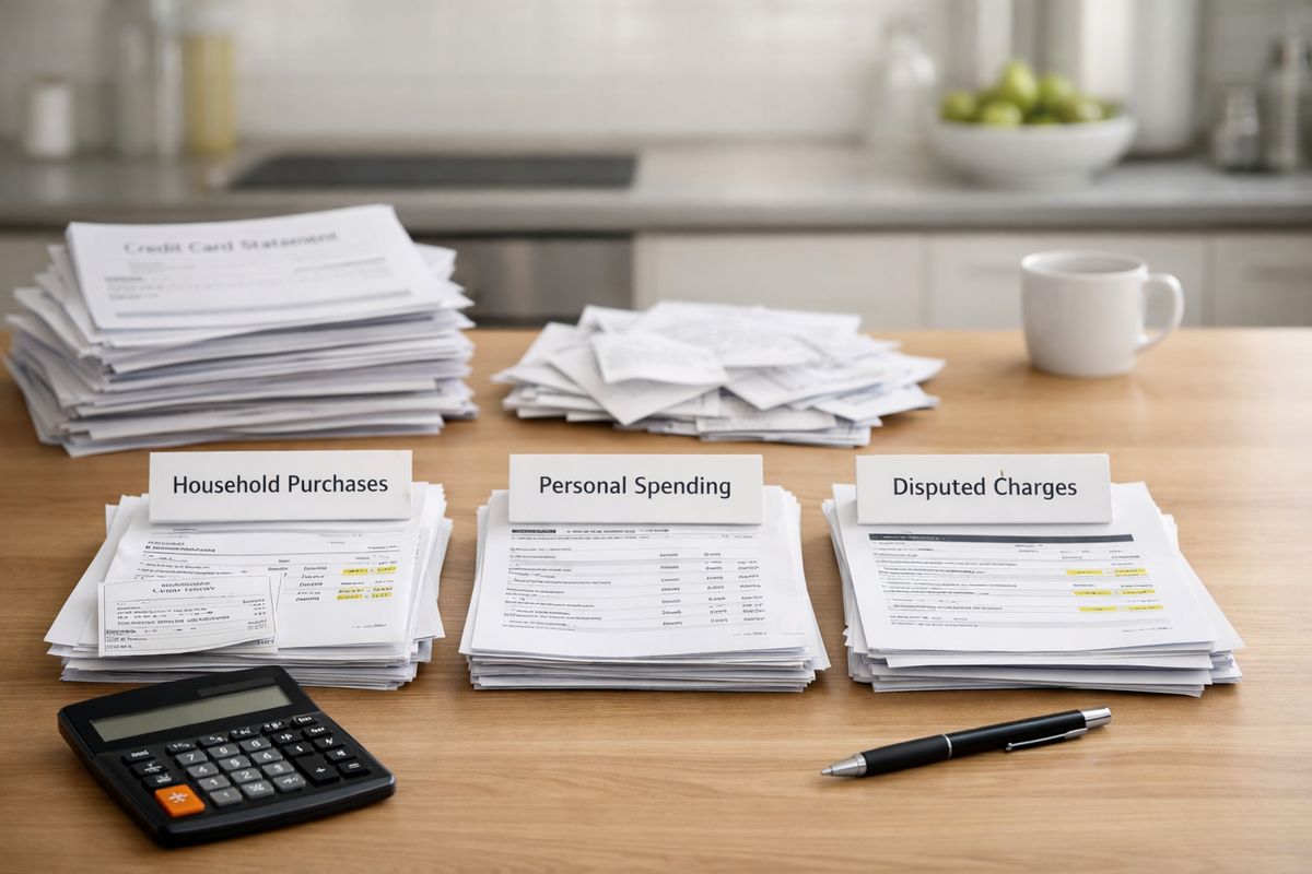 A kitchen table covered with stacks of credit card statements, loan papers, and receipts, with one set of papers sorted into separate piles for household purchases, personal spending, and disputed charges, alongside a calculator and a pen
