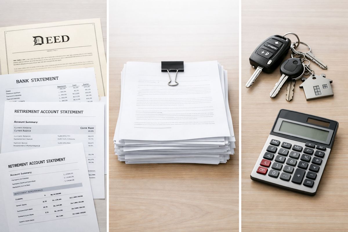 A split composition showing a deed, a bank statement, and a retirement account statement on one side and a set of car keys, house keys, and a calculator on the other, with a stack of legal papers centered between them