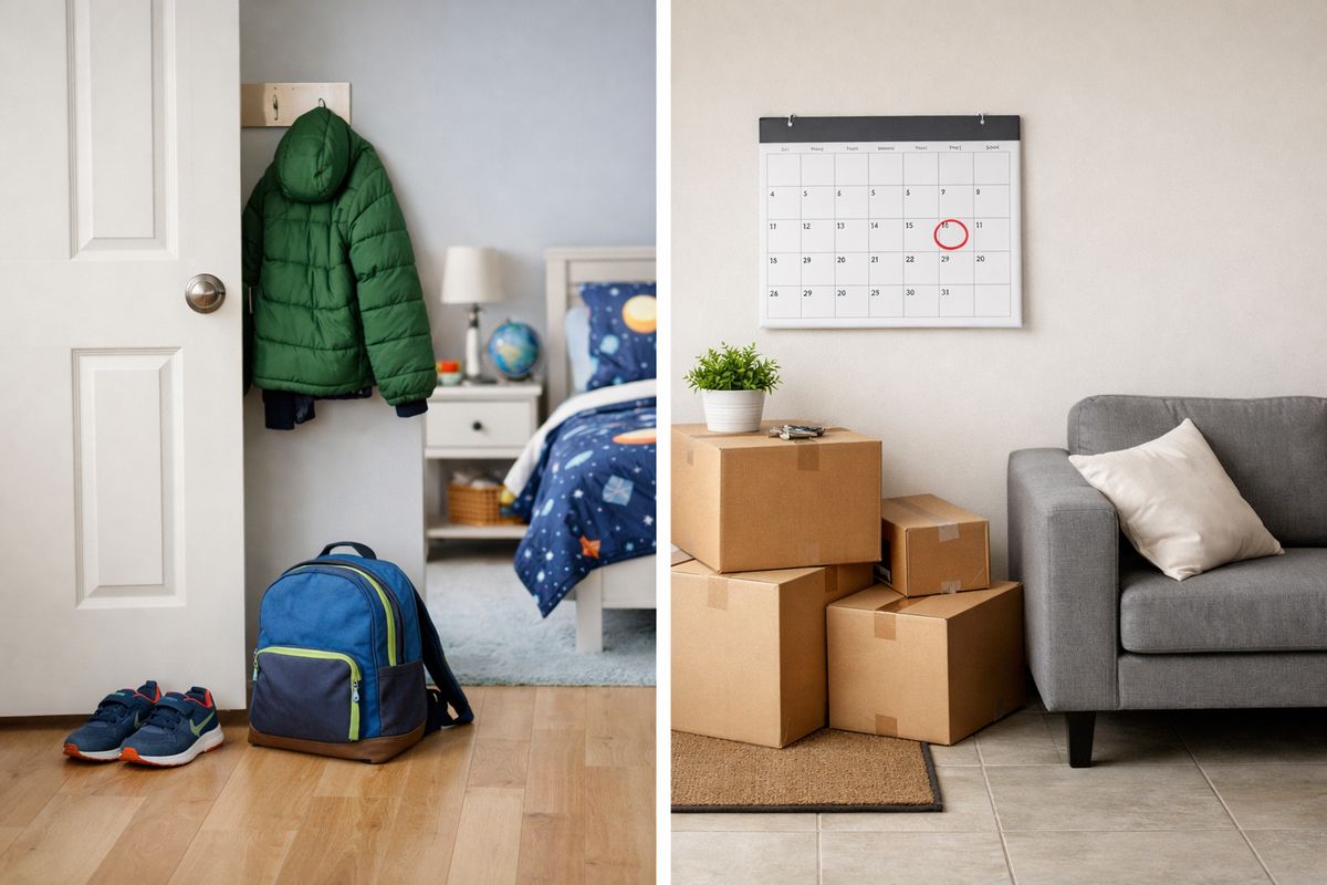 A suburban Wisconsin family home split visually between two living arrangements, with one side showing a child’s bedroom with a backpack, shoes by the door, and a school coat hanging nearby, and the other side showing an apartment entry with a small couch, moving boxes, and a calendar on the wall, suggesting a change in day-to-day placement and routine.
