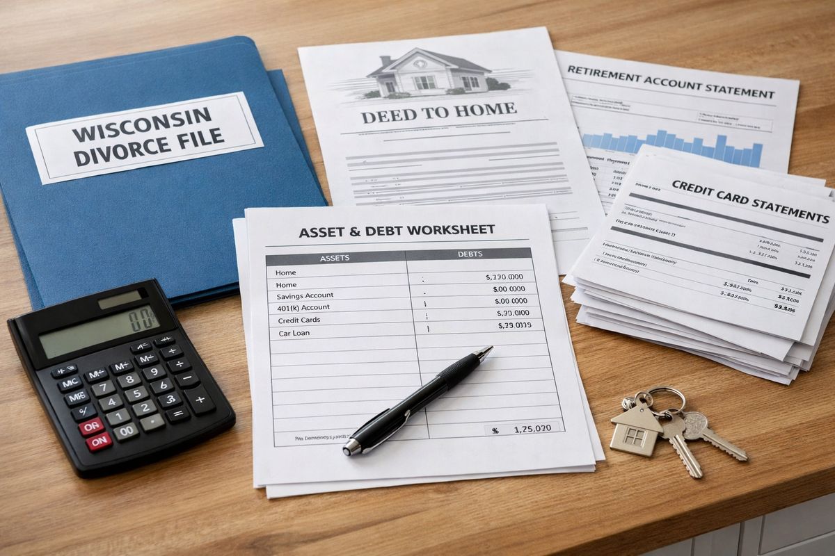 A Wisconsin divorce file spread across a kitchen table beside a calculator, a home deed, retirement account statements, and stacked credit card bills, with a partially filled asset-and-debt worksheet and a set of house keys nearby