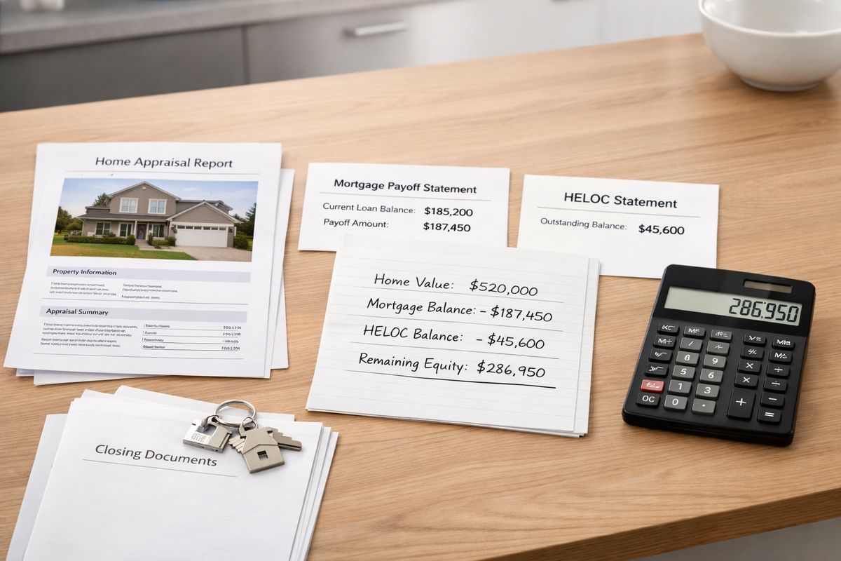 A kitchen table with a printed home appraisal, a mortgage payoff statement, a HELOC statement, and a calculator beside a simple worksheet showing the home value, debts, and remaining equity, with a house key and closing papers nearby