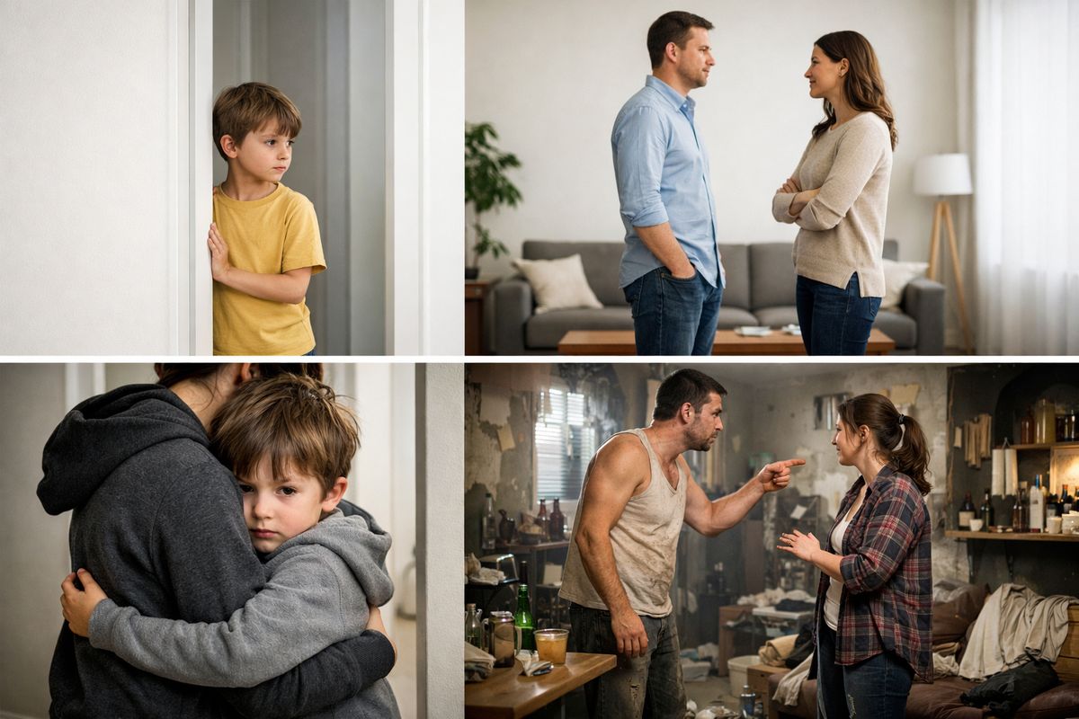 A split domestic scene showing one side of a family home with a child standing hesitantly near a doorway and the other side showing a calm but distant exchange between adults, contrasted with a second scene of a child remaining close to a parent in a clearly tense, unsafe-looking environment with cluttered rooms and a guarded posture.