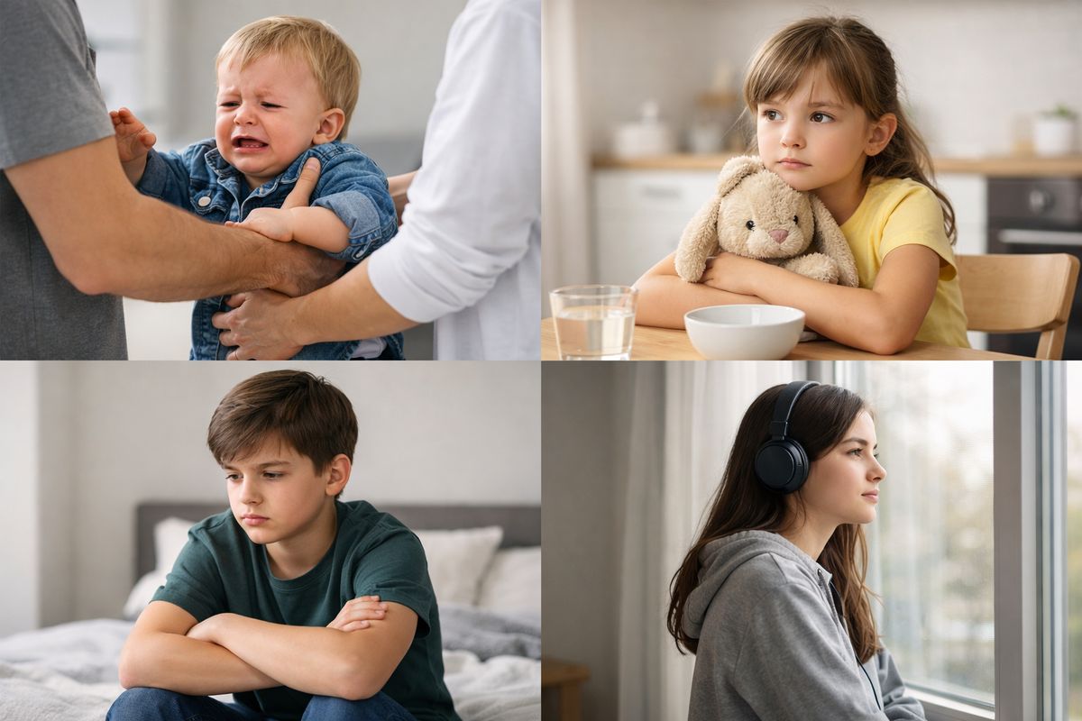 A split-scene illustration showing a toddler crying during a handoff, a child at a kitchen table looking worried while holding a stuffed animal, a preteen sitting alone on a bed with crossed arms, and a teenager staring out a window with headphones on