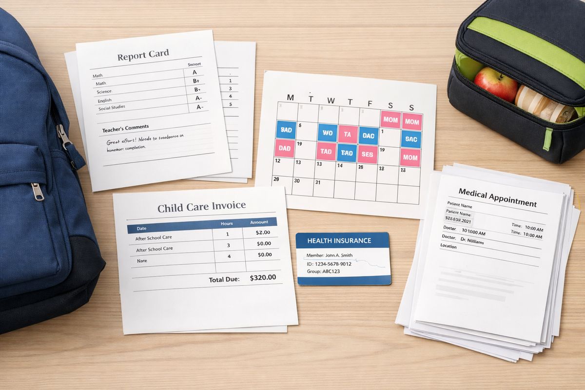 A tabletop spread of school report cards, a child care invoice, a health insurance card, a calendar marked with custody-style parenting days, and a stack of medical appointment papers next to a backpack and lunchbox