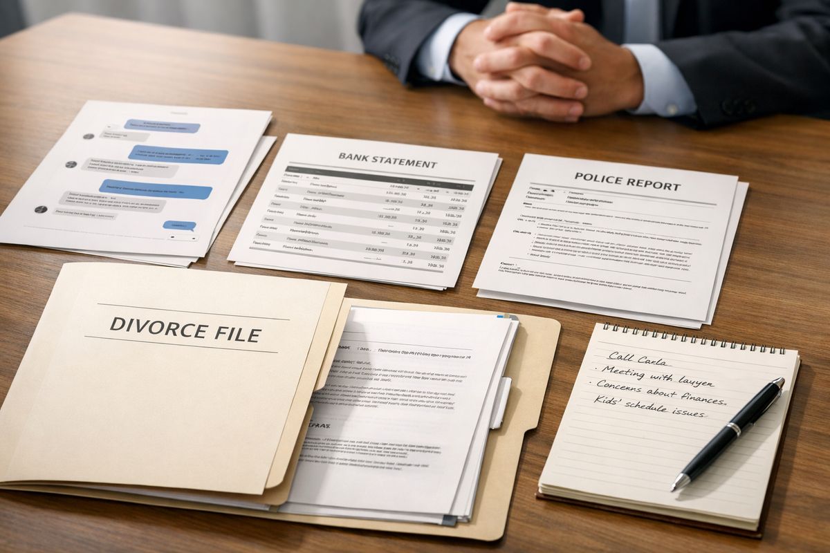 A confidential legal meeting scene with a divorce file open on a desk, printed screenshots of text messages, a bank statement, a police report, and handwritten notes being laid out in an organized stack as if the client is revealing difficult facts early.