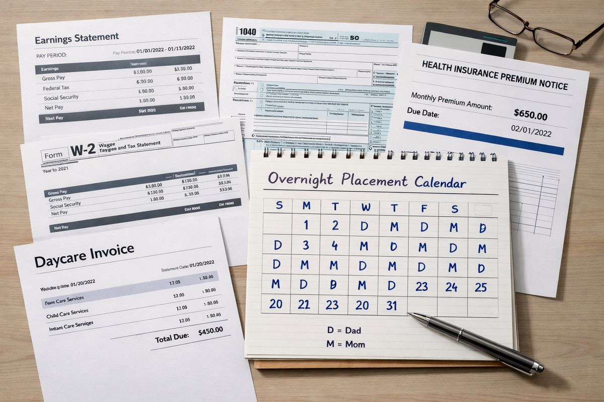 A neatly arranged set of divorce-related financial papers on a table, including pay stubs, tax returns, W-2 forms, a daycare invoice, a health insurance premium notice, and a handwritten overnight placement calendar