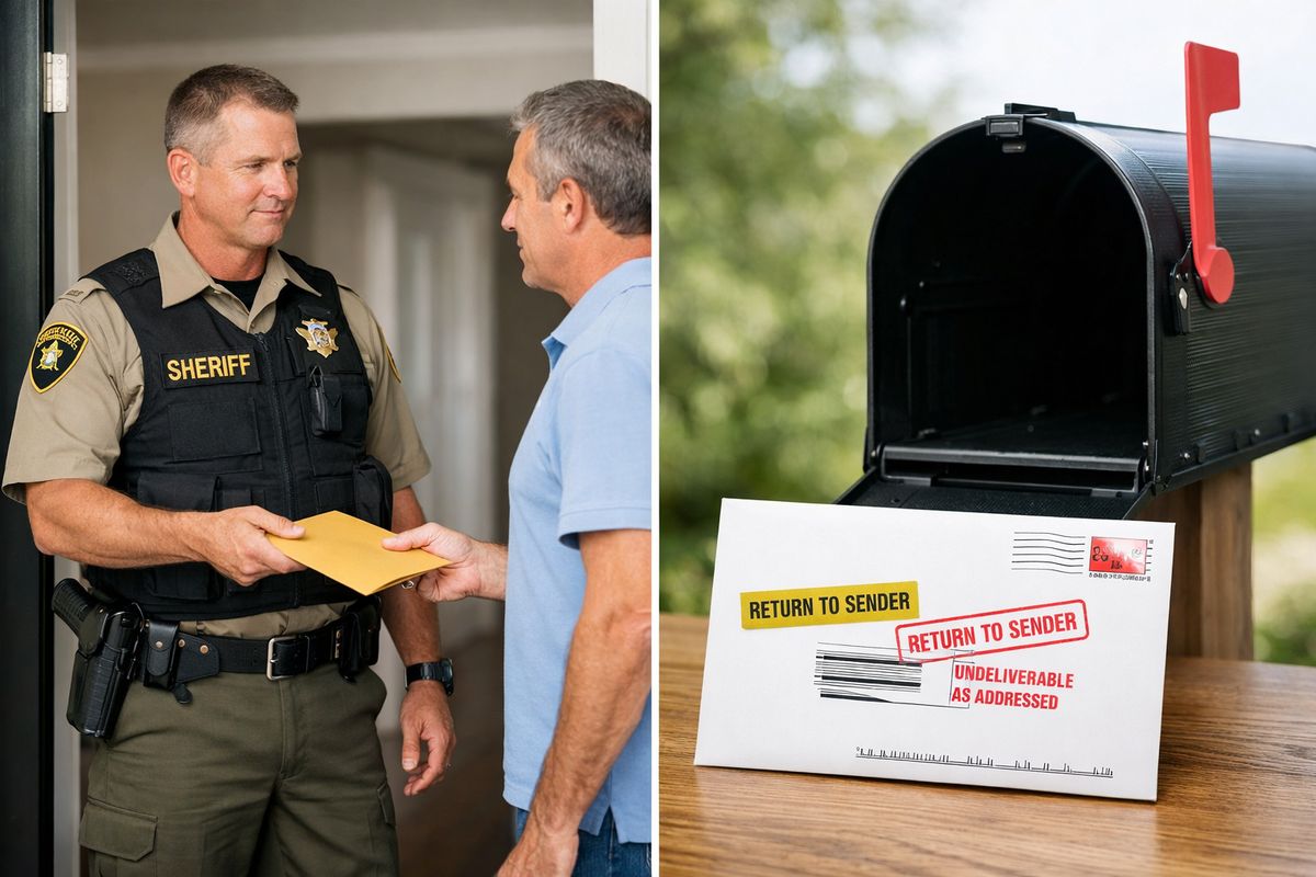 A sheriff or process server standing at a front door while handing a sealed envelope to a homeowner, with a second scene of an empty mailbox and a returned mailing envelope, illustrating personal service and delayed notice.
