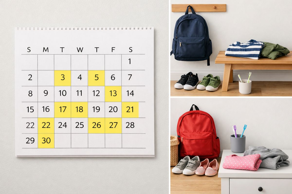 A wall calendar covered with highlighted overnight dates, alongside two separate household scenes shown side by side with backpacks, shoes, a toothbrush cup, and children’s clothing to represent time spent in both homes
