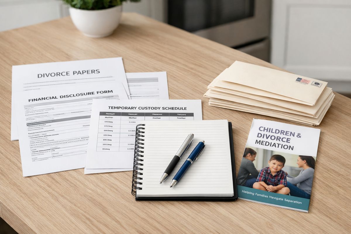 A kitchen table covered with divorce paperwork, financial disclosure forms, a temporary custody schedule, and a notebook with pens, with a stack of sealed envelopes and a child-related mediation pamphlet beside them