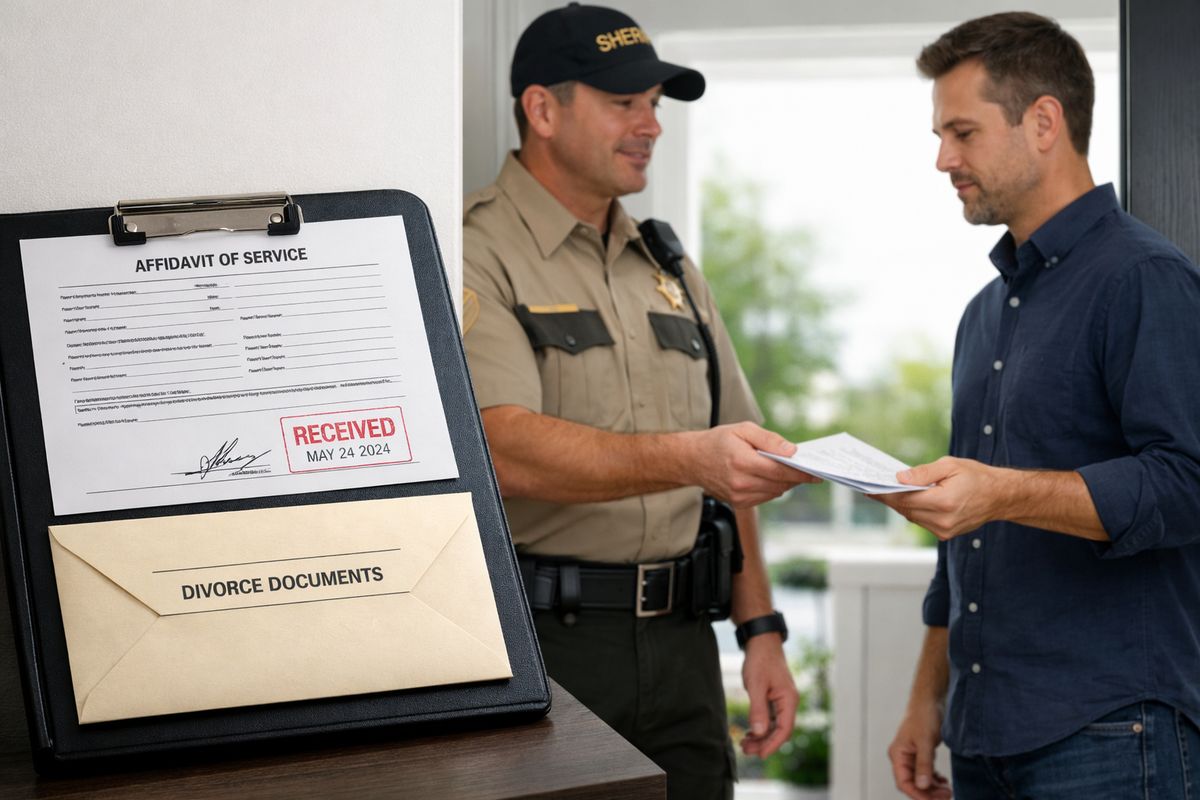 A sheriff or process server handing court papers to an adult at a front door, with a stamped affidavit of service and a sealed envelope on a clipboard nearby, showing formal delivery of divorce documents