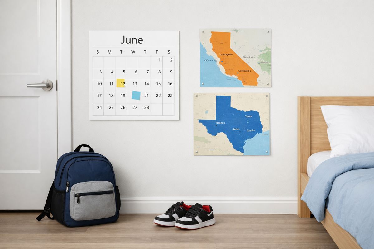 A child’s bedroom with a calendar on the wall, a school backpack by the door, a pair of sneakers on the floor, and two different state maps pinned nearby to suggest competing custody and home-state considerations