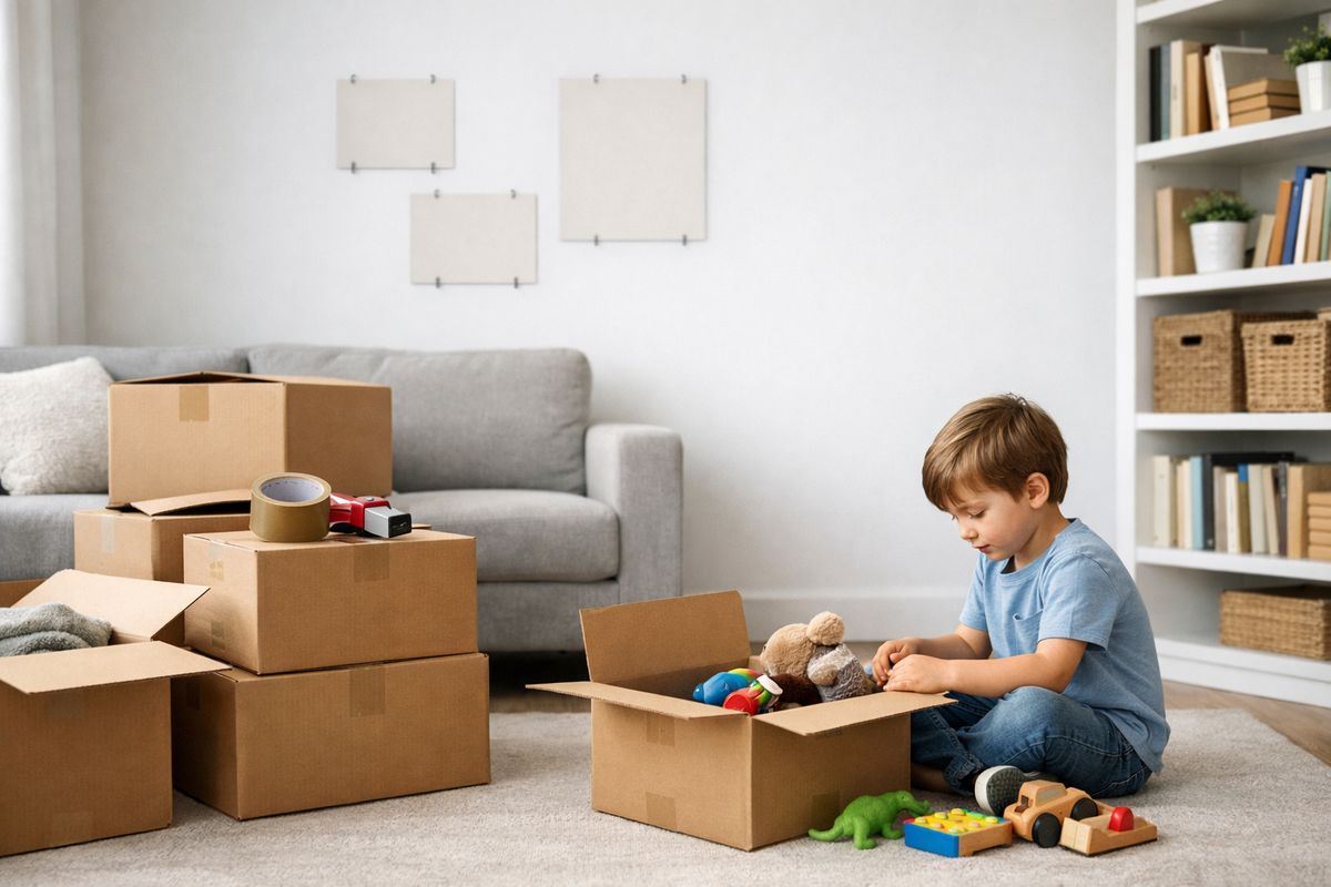 Half-packed moving boxes and a roll of packing tape beside a living room with framed family photos missing from the wall, a child sitting near a bookshelf and looking at a small pile of toys being sorted into a box