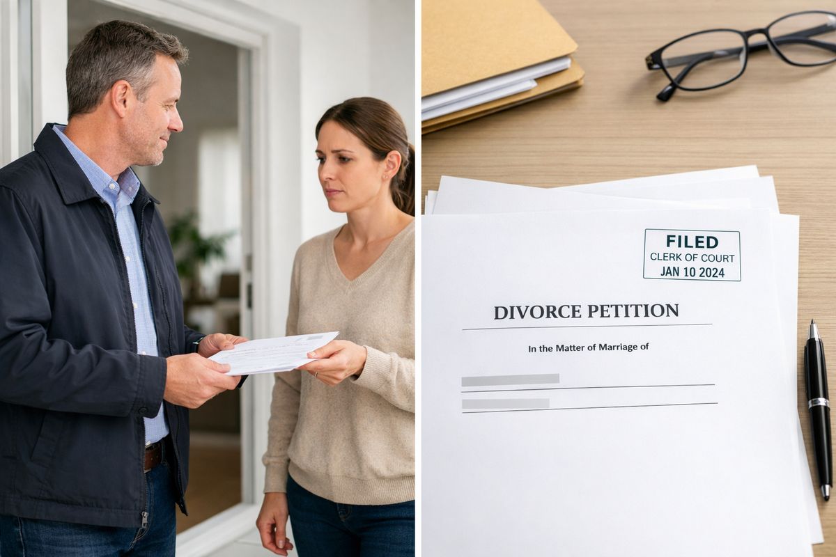 A process server handing divorce papers to a spouse at a front door while a second set of papers sits on a desk with a clerk-stamped filing date, showing the contrast between filing alone and legally valid service