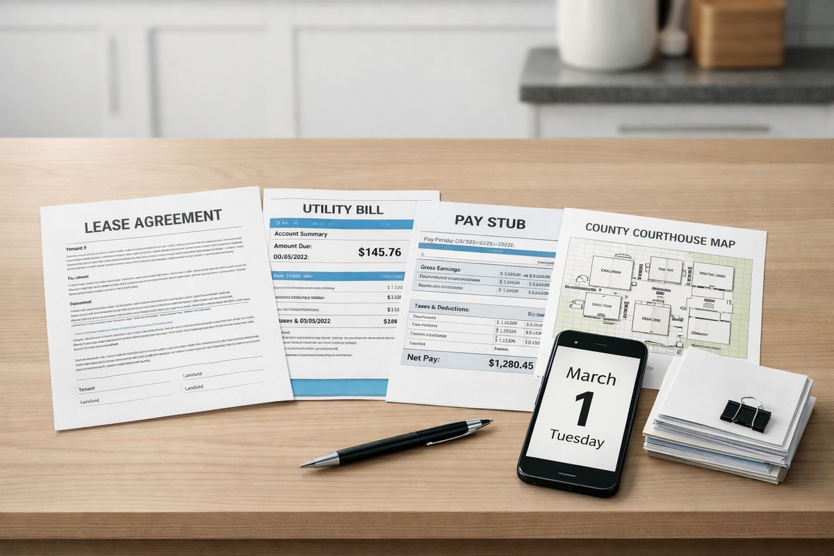 A kitchen table covered with a lease agreement, a utility bill, a pay stub, and a county courthouse map, with a phone displaying a calendar date and a pen resting beside a small stack of organized residency documents