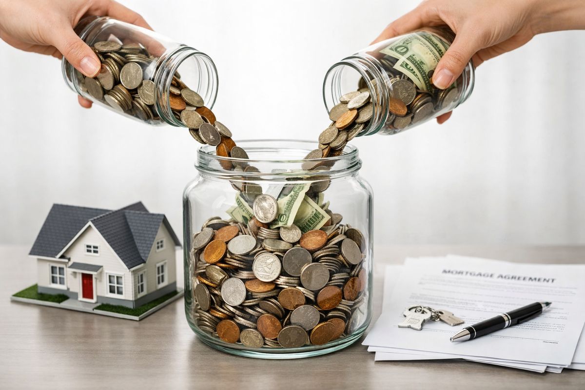 Two clear glass jars with coins and paper bills being poured together into one larger container beside a house model and mortgage papers, illustrating separate money becoming mixed with shared marital finances and home expenses