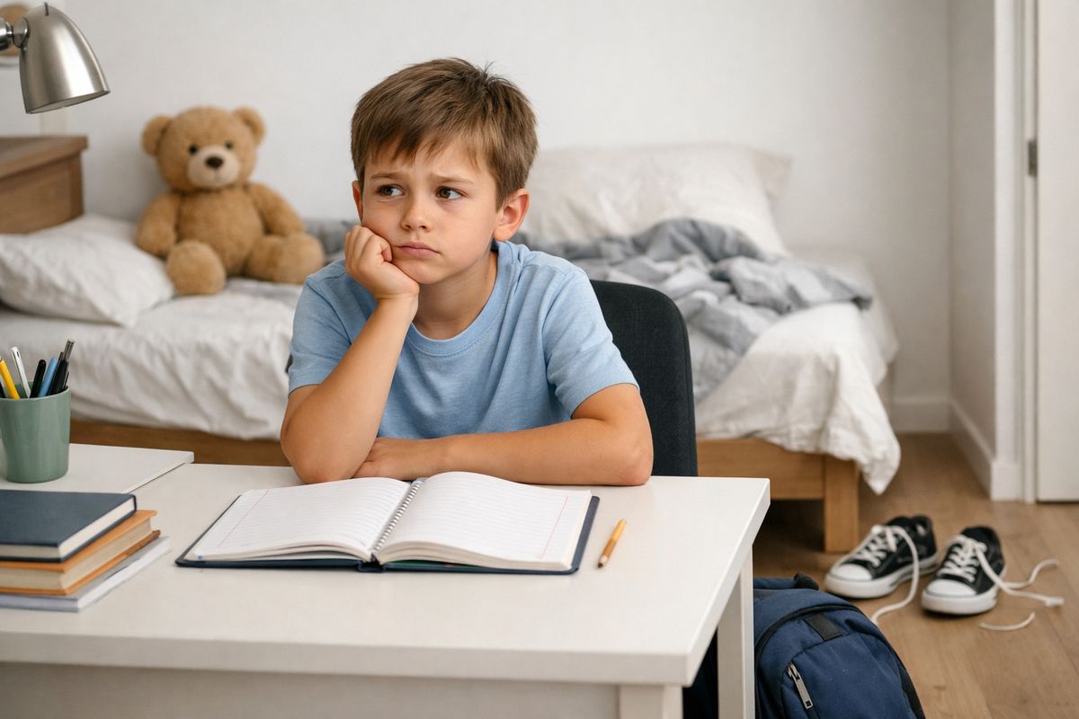A school-age child sitting at a bedroom desk with an open homework notebook, a backpack on the floor, and a pair of untied shoes by the door, looking uneasy while a teddy bear and an unmade bed suggest disrupted routines