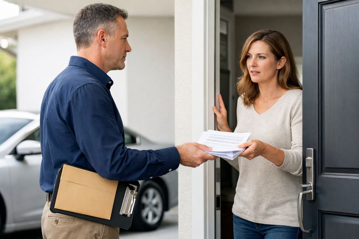 A process server handing a stack of legal papers to a spouse at the front door of a house, with an envelope and a clipboard held at the side and a car parked in the driveway