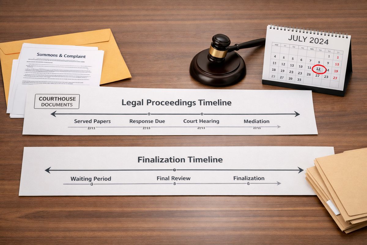 Two separate paper timelines laid out on a desk, one marked with a courthouse envelope and served papers beside it, and another with a wall calendar showing a later date, plus a gavel and file folders indicating the waiting period before finalization
