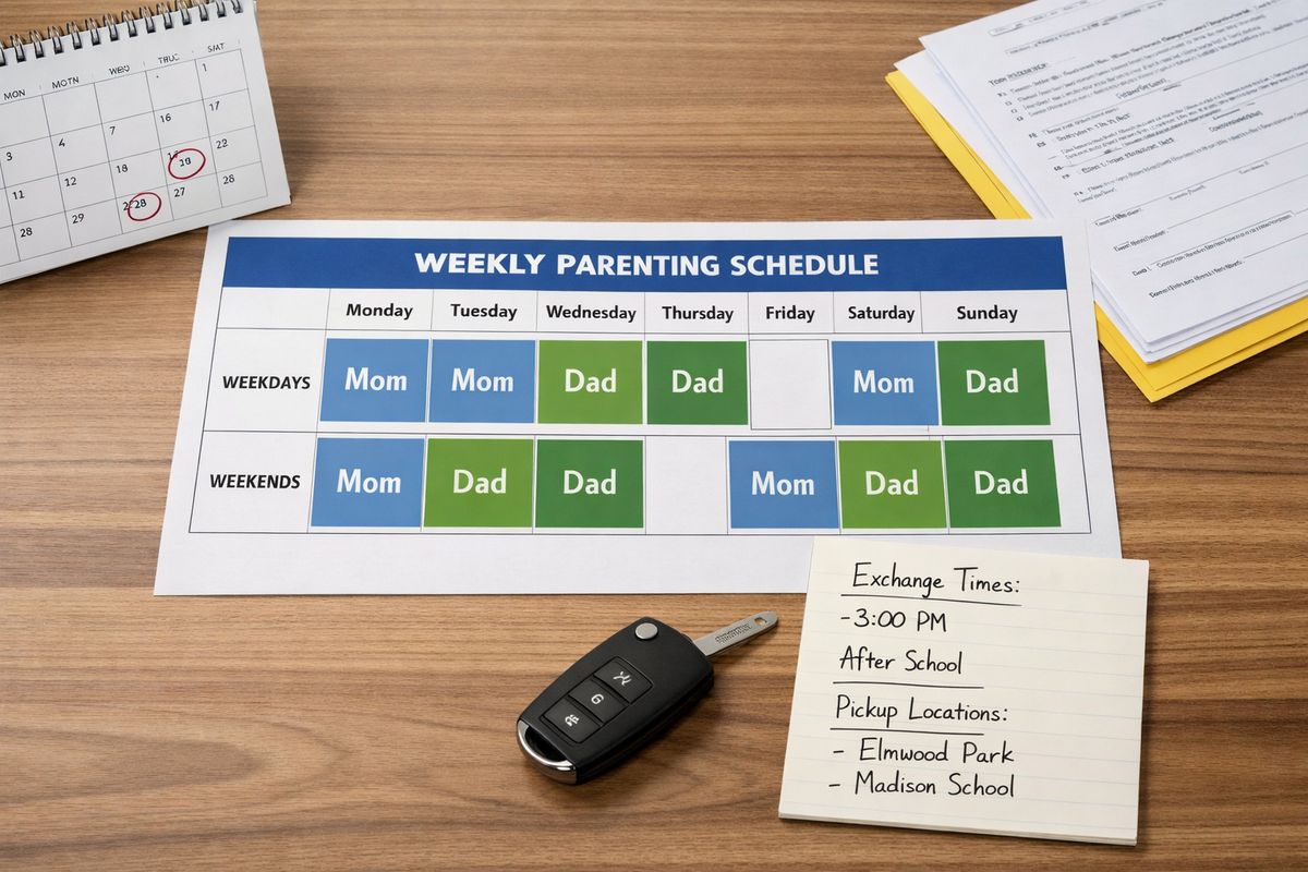 A printed weekly parenting schedule spread across a table beside a calendar, with marked weekday and weekend blocks, a small stack of school papers, and a car key next to notes about exchange times and pickup locations