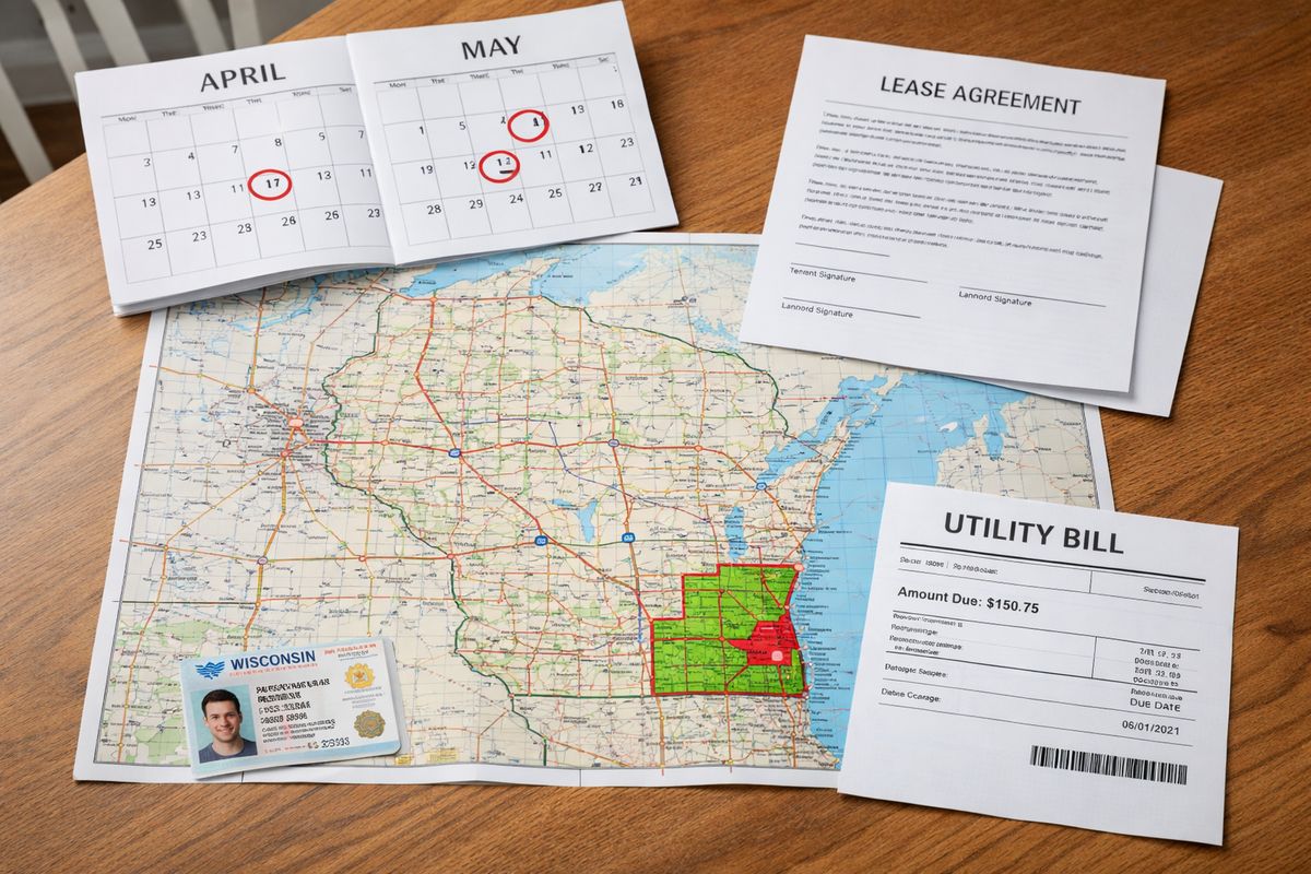 A Wisconsin street map laid on a kitchen table with a calendar open to several marked months, a lease agreement, a utility bill, a driver’s license, and a county boundary highlighted with a colored marker to show residency and filing location requirements