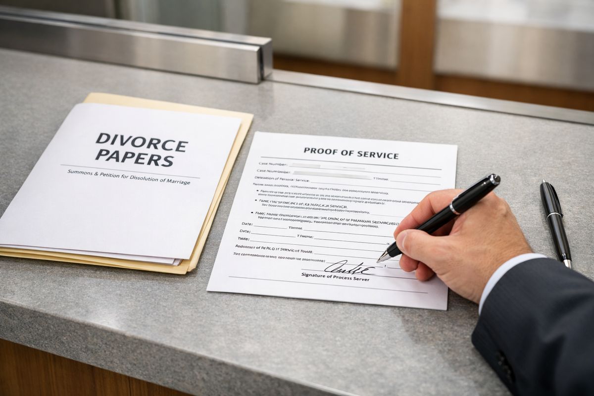 A completed proof of service form being signed by a process server at a courthouse counter, with the served divorce packet and a pen beside the paper, emphasizing the official record of delivery