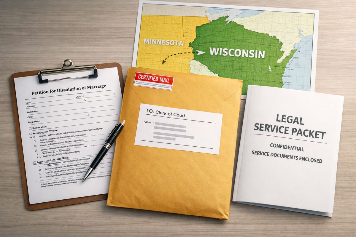A tabletop scene with a filled-out divorce petition, a manila envelope ready for mailing, and an official-looking service packet beside a map showing Wisconsin and a neighboring state, illustrating filing and serving papers across state lines