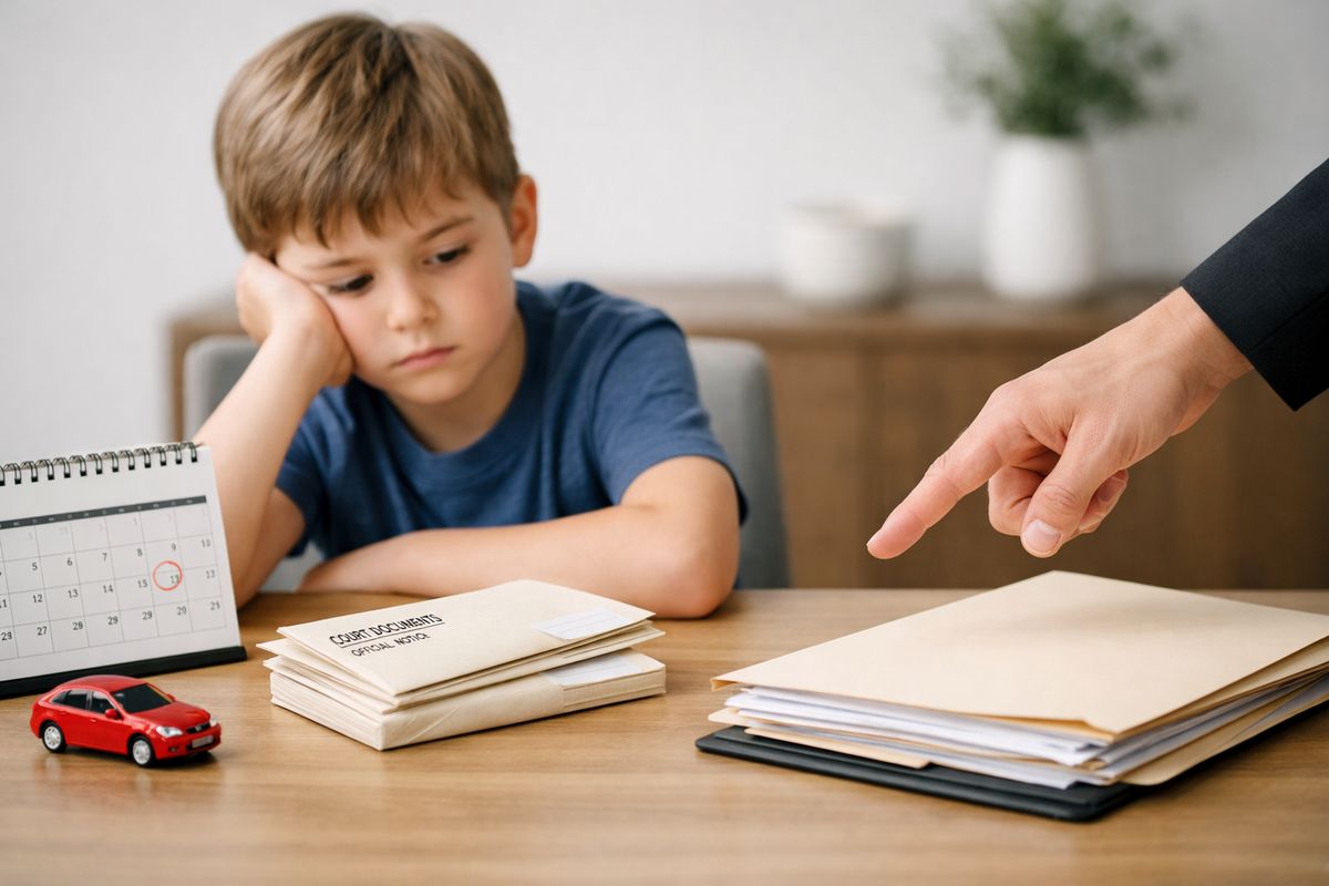 A child sitting at a dining room table staring at a small stack of unopened court envelopes beside a calendar and a toy car, while an adult hand points toward a folder of papers, creating a sense of legal stress entering the home.