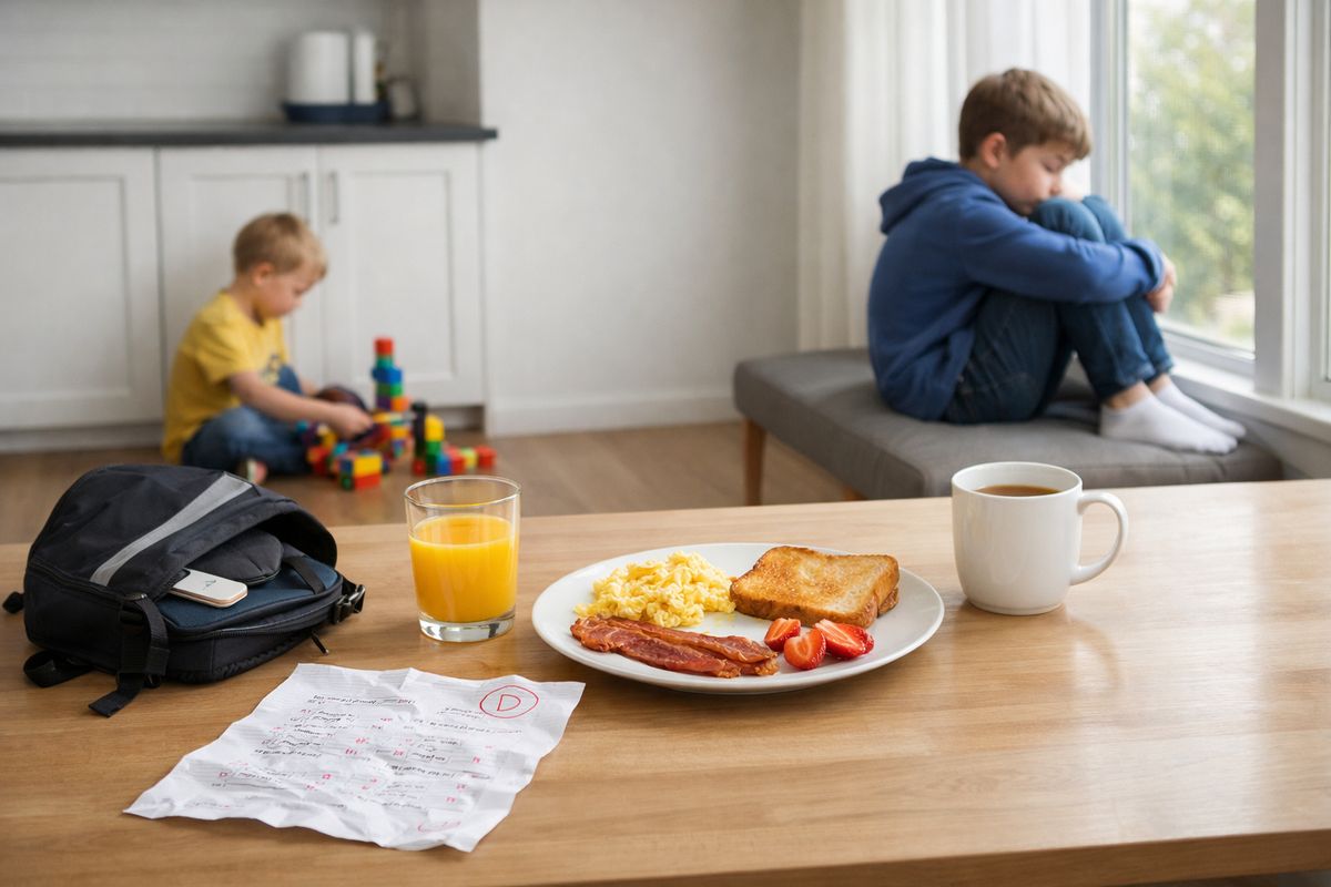 A kitchen table with an untouched breakfast plate, a crumpled homework sheet, a backpack half-open on the floor, and a child sitting apart near a window looking withdrawn while a younger sibling plays alone with building blocks in the background