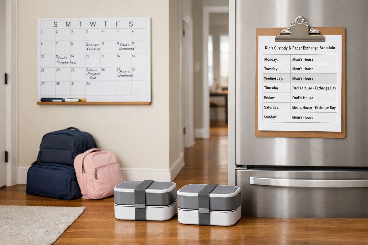 A family home hallway with a wall calendar, a neat stack of school bags by the door, two identical lunch containers, and a paper exchange schedule clipped to a refrigerator, showing a calm routine and predictable handoffs between households