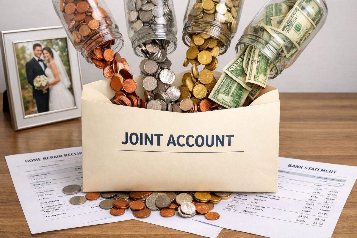 Several clear glass jars of different colored coins and paper bills being poured together into one large joint account envelope on a table, with a wedding photo frame, a home repair receipt, and a bank statement spread underneath to show mixed finances