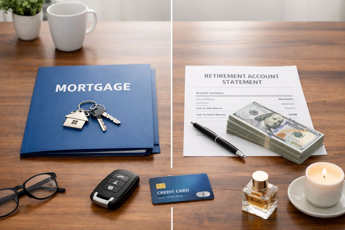 A split financial arrangement laid out on a dining table: house keys and a mortgage folder on one side, a retirement account statement and a small stack of cash on the other, with a car key, credit card, and scattered household items nearby to show how different assets and debts are being assigned in a divorce.